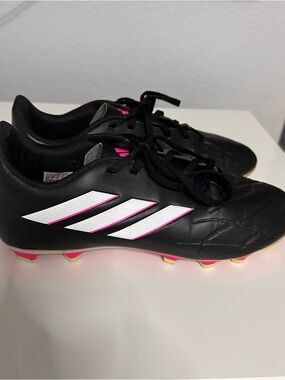 adidas Black Soccer Cleats with White Stripes and Pink Accents